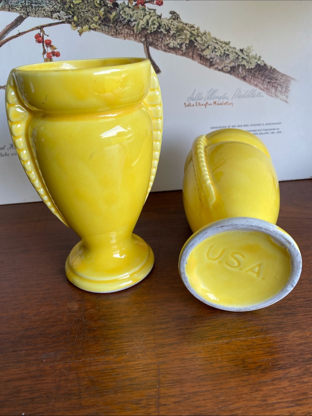 Shawnee USA 2 Vintage Sunny Yellow Ceramic Trophy Vases